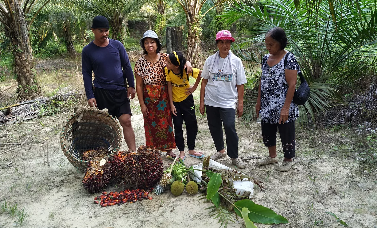 Dayak oil pal farmers. From L to R: Liman, Salmah and her daughter, Indai Patrick and Labek